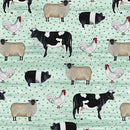 Pattern of farm animals including cows, sheep, and chickens on a green background with stripes and dots.