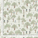 Fabric pattern with trees and people, measured against a ruler.