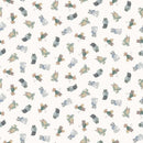 Pattern of cartoonish animals in various poses on a white background