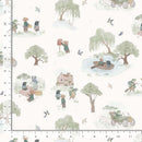 Patterned fabric with illustrations of people and nature on a white background, accompanied by a ruler for scale.