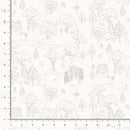 Patterned fabric with trees and houses on a white background, with a ruler for scale.