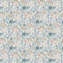 Pattern of small flowers and leaves on a light blue background