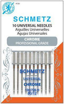 A package of 10 universal chrome sewing machine needles from the brand Schmetz. They are in the size 80/12. The packaging is orange and white. 