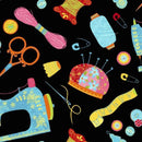 A swatch of the pattern "sewing notions" available for the Arrow Hydraulic Sewing Chair featuring classic sewing machines and notions on a black background