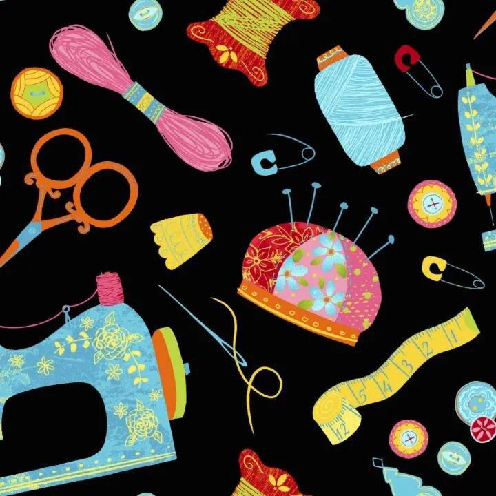 A swatch of the pattern "sewing notions" available for the Arrow Hydraulic Sewing Chair featuring classic sewing machines and notions on a black background