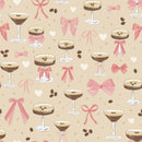 Pattern of coffee cups, bows, and coffee beans on a beige background