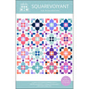 The quilt pattern for the Squarevoiyant pattern by Amanda Kelly available in crib, throw, and bed sizes. The sample is made of bright solid fabrics on a white background. 