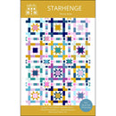The quilt pattern for the "Starhenge" quilt available in multiple throw sizes. The sample is made of brightly colored solid fabrics. 