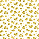 A fabric swatch patterned with gold coins and stars on a white background. 