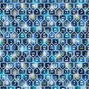 A pattern of Hebrew characters in shapes reminiscent of dreidels on a blue background. 