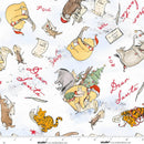 Fabric pattern with cartoon characters and 'Dear Santa' text on a white background