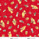 Red fabric with a repeating pattern of Winnie the Pooh characters in holiday sweaters, wrapped gifts, and small white stars, with a white measurement ruler along the bottom edge.