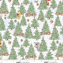 A repeating Christmas-themed pattern on fabric featuring green Christmas trees with ornaments, wrapped gifts, snowflakes, and small illustrated characters on a white background, with a ruler scale along the bottom edge.