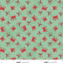 Pattern of red bows with gold centers on a green background