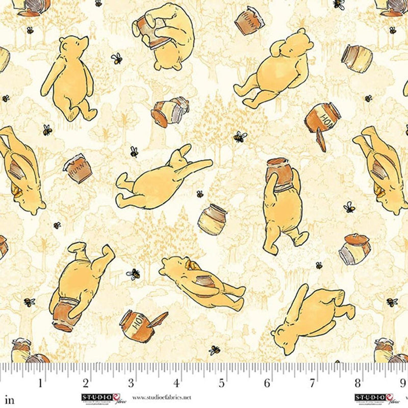 Pattern of cartoon bears and honey jars on a beige background with a ruler at the bottom.