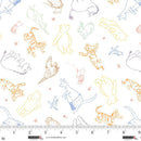 Pattern of colorful animal outlines on a white background with a ruler for scale.