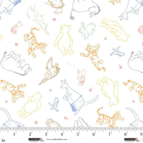 Pattern of colorful animal outlines on a white background with a ruler for scale.