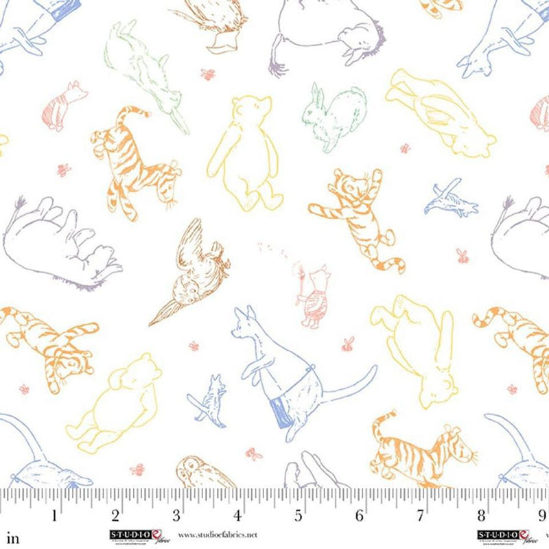 Pattern of colorful animal outlines on a white background with a ruler for scale.