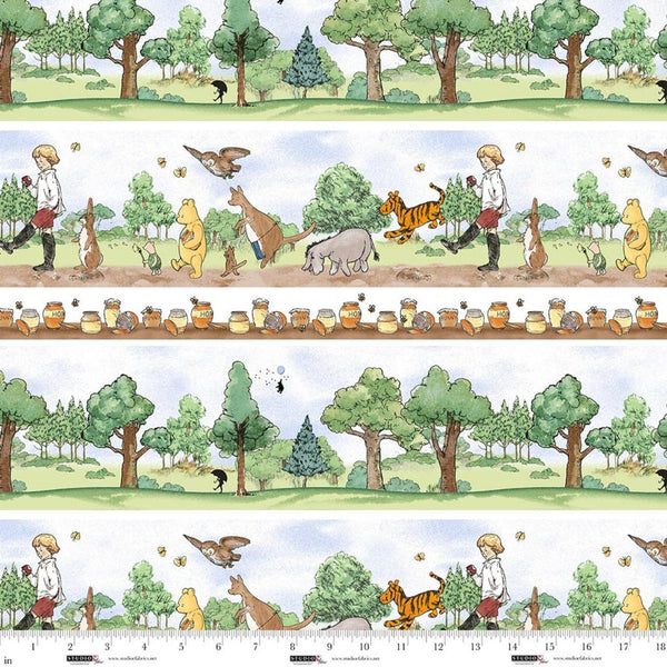 Patterned fabric with cartoon characters, trees, and animals on a white background.