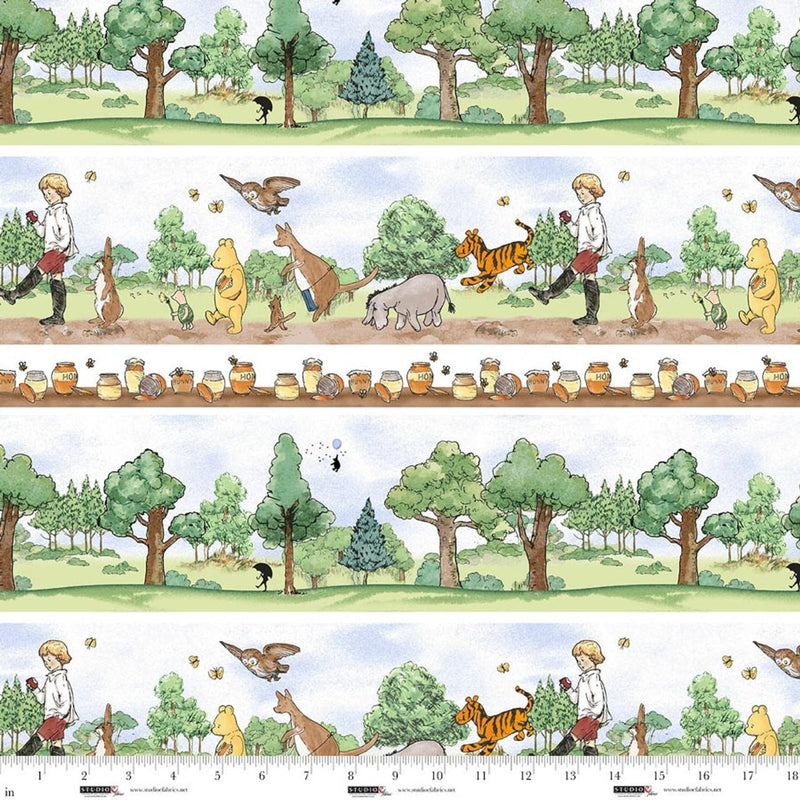 Patterned fabric with cartoon characters, trees, and animals on a white background.