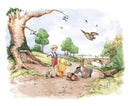 Illustration of a boy with animals by a tree in a forest setting from Classic Winnie