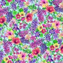 Colorful floral pattern with pink, purple, and green flowers on a light blue background