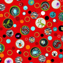 Colorful pattern of insects and circles on a red background
