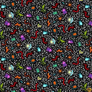 Colorful cartoon-style insects on a black background with white polka dots