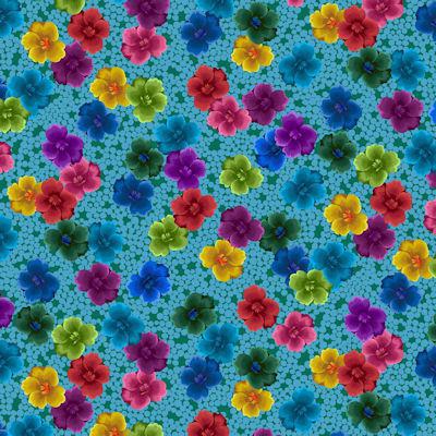 Studio e Noble Menagerie Medium Multi Floral w/ Dot Multi/Jade 5617 86 Clearance Fabric - A fabric with red, pink, blue, yellow, green, lime, and purple flowers on a densly dotted aqua background