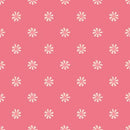 Fabric pattern with small white flowers on a pink background. 