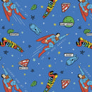 Superman-themed pattern with characters and logos on a blue background
