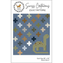 The front cover of the Swiss Cretaceous Quilt pattern featuring plus signs and a cute applique dinosaur. 