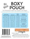 Back of a packaging label for 'The Quick Boxy Pouch' pattern by Sassafras Lane Designs