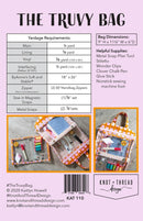 The back cover of the Truvy bag pattern including dimensions and yardage requirements
