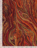 Fabric with abstract wavy pattern in red, orange, and gold on a white background with measurement scale.