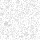 White on white fabric featuring swirls and snowflakes