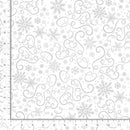 White on white fabric featuring swirls and snowflakes with a ruler for scale