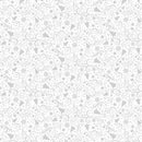 Pattern of white swirls, christmas trees, stars, snowflakes, and baubles on a white background. 