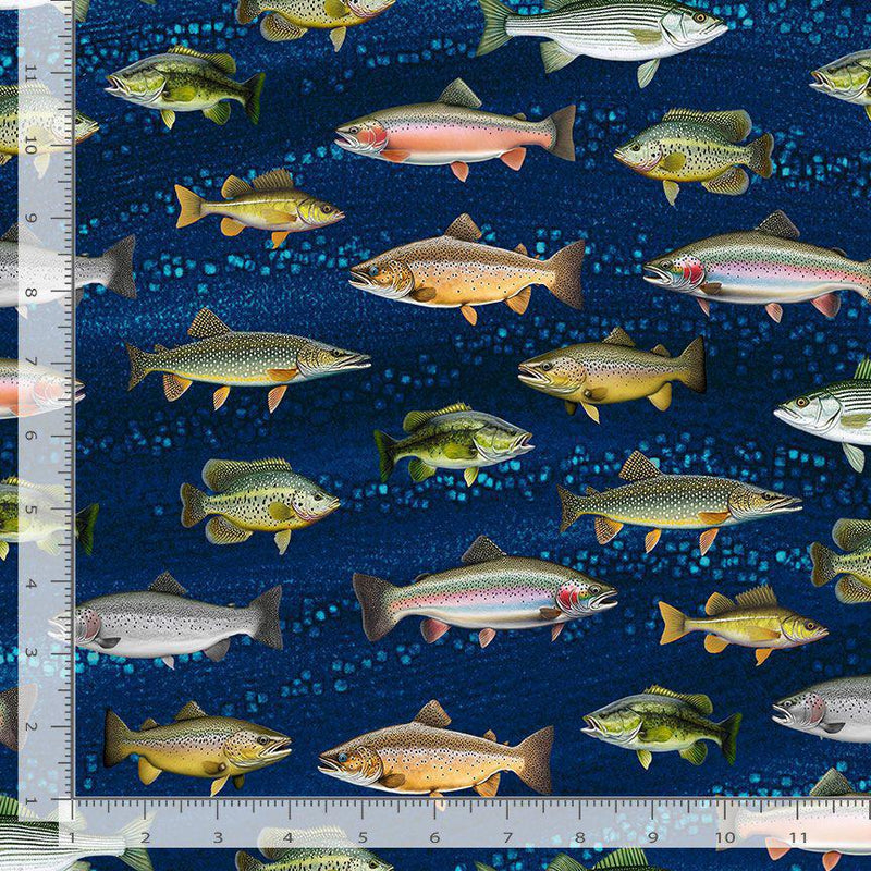 Timeless Treasures Cabin Rules by George McCartney Fish Blue GM-CD2640  BLUE with measurements - sewjersey.com