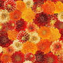 Pattern of autumnal flowers in red, orange, and yellow on a multicolor background