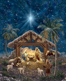 Nativity scene with Mary, Joseph, and baby Jesus under a bright star with palm trees in the background.