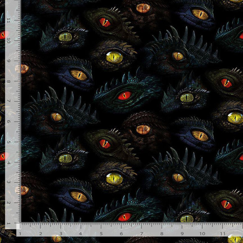 Pattern of dark, textured eyes with various colored irises on a black background.