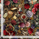 Fabric with intricate design of gears, roses, and cartoon animals on a white background.
