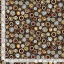 Pattern of vintage clock faces on a fabric swatch with a ruler for scale.