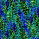 A fabric swatch featuring stylized evergreen trees in bright blue, teal, and green with small metallic gold accents. 