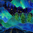 A colorful abstract fabric print featuring vignettes of the night sky, auroras, and evergreen forest in green, blue, and navy with metallic gold accents separated by bands of gold. 