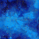 A fabric swatch featuring a blue painterly night sky with gold metallic stars. 