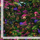 A close-up of a colorful printed fabric or wallpaper pattern showing a whimsical forest village with tiny houses, glowing windows, mushrooms, flowers, and a waterfall. Measurement rulers are visible along the left and bottom edges, indicating scale.