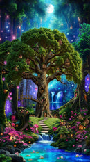 A vibrant fantasy forest scene with a large glowing treehouse, a winding path, a bright blue stream, waterfalls, and magical lights under a full moon.