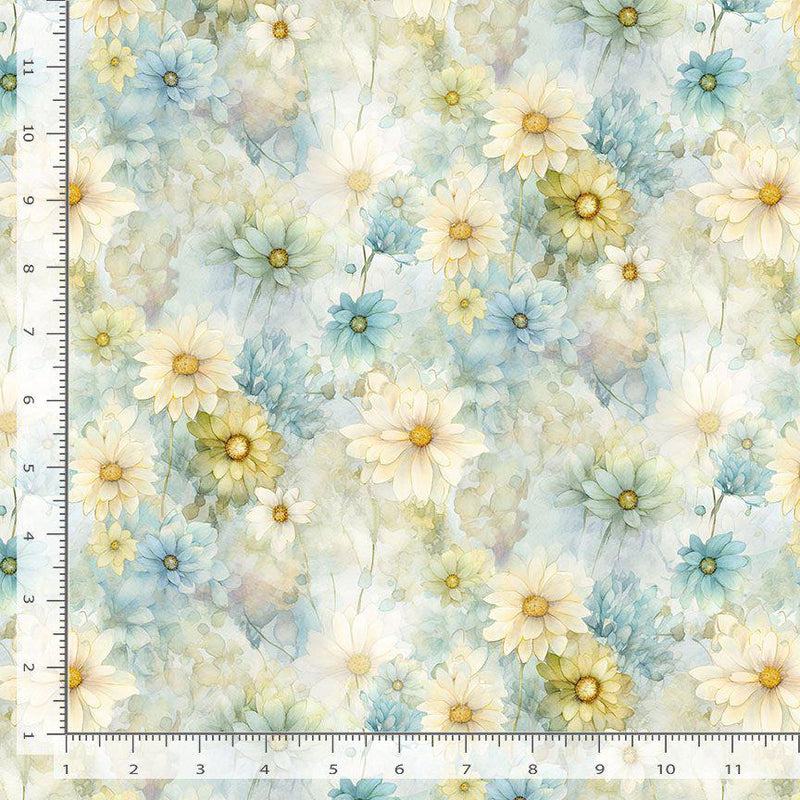 Timeless Treasures Forest Whisper Daisy Bloom Blue FLEUR-CD3685 BLUE with ruler for scale
